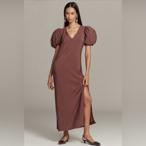 @LoverlyGrey x Anthropologie Puff Sleeve V-Neck Maxi Dress Warm Cocoa XS NWT
